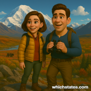 Ellis and June's Alaska Adventures: Overlooking Denali from a Mountain Ridge Ellis and June standing on a rocky overlook with Denali in the background, surrounded by tundra and distant mountains under a clear blue sky.