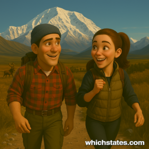 Ellis and June explore Denali National Park, taking in views of Alaska’s breathtaking wilderness. Ellis and June hiking along a trail in Denali National Park with the mountain in the background, dressed in outdoor gear.