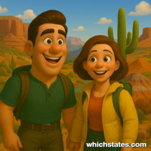 Ellis and June in Arizona’s National Parks – Grand Canyon, Saguaro & More Ellis and June exploring an Arizona National Parks landscape with desert cliffs, cacti, and scenic views.