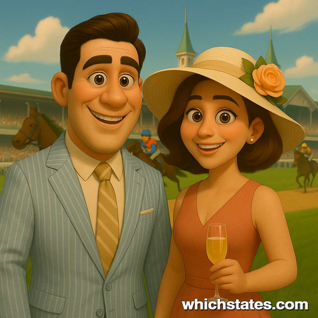 Ellis and June at the Kentucky Derby 2025, dressed in classic derby attire. Ellis and June attending the Kentucky Derby 2025. Ellis is wearing a light blue seersucker suit, and June is dressed in a fancy large hat, both enjoying the event.