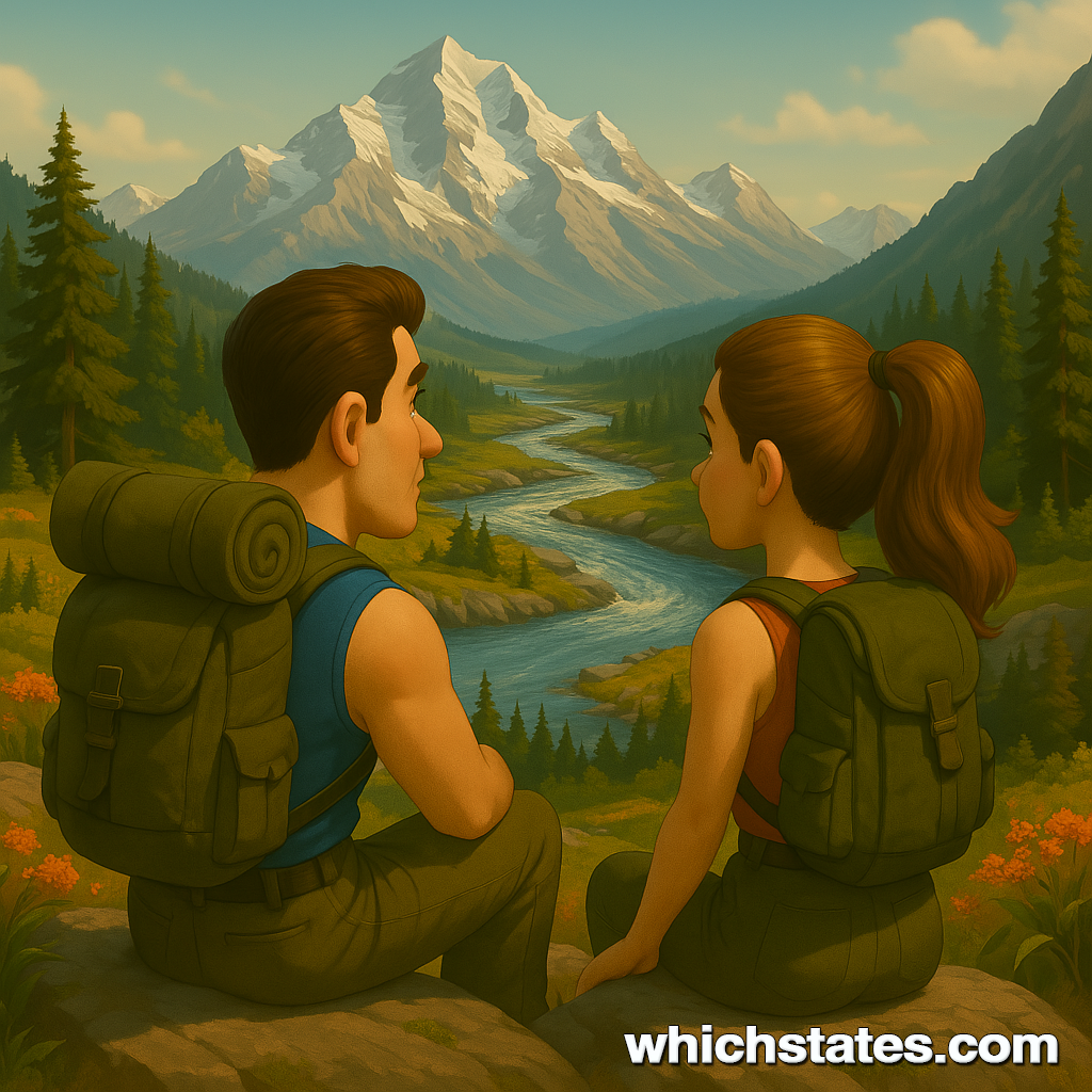 Ellis and June enjoy a peaceful overlook moment while exploring the best nature states in America. Ellis and June sit at a scenic overlook surrounded by forests, mountains, and a winding river, enjoying the view.