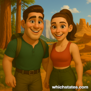 Ellis and June in California’s National Parks Ellis and June explore California’s national parks, smiling in a sunlit wilderness with mountains in the distance.
