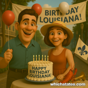 Ellis and June Celebrate Louisiana’s State Birthday in April Ellis and June celebrating Louisiana’s statehood birthday in a colorful scene with jazz elements, confetti, and beignets — a festive Southern moment.