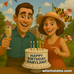 Ellis and June Celebrate Maryland’s State Birthday in Style Ellis and June celebrating Maryland’s statehood birthday in a festive, 3D-style scene with balloons and historical accents — a joyful moment captured in cartoon realism.