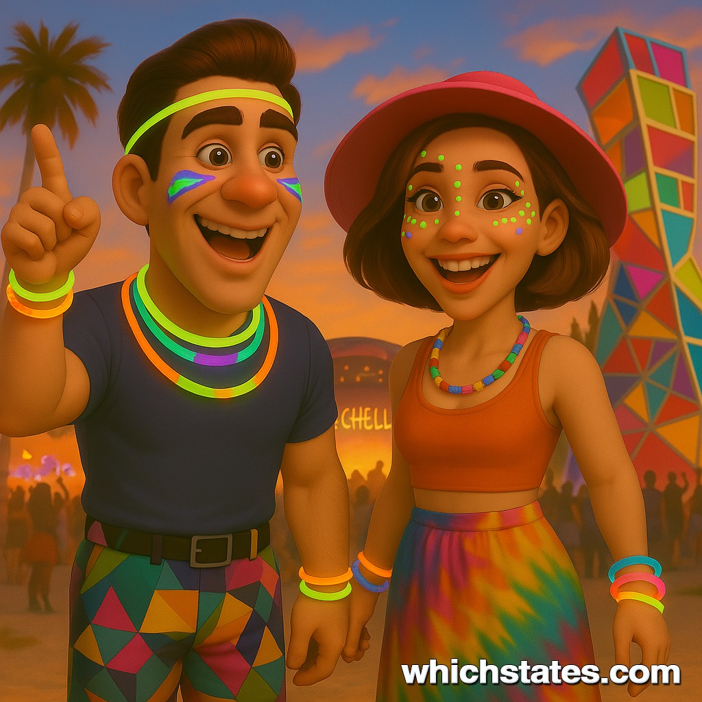Ellis and June enjoying Coachella Festival with glow sticks and vibrant outfits in a nighttime celebration scene. Ellis and June at the Coachella Festival, wearing glow stick accessories and face paint, surrounded by colorful lights and art installations.