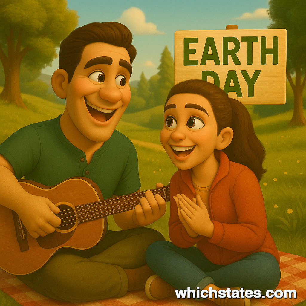 Ellis and June Celebrate Earth Day in Nature Ellis and June celebrating Earth Day Wisconsin outdoors with joyful expressions, surrounded by nature and holding a guitar.