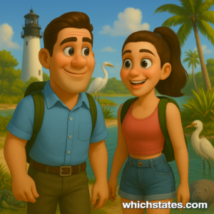 Ellis and June – Florida National Parks Collage Adventure in Biscayne, Everglades & Dry Tortugas Ellis and June exploring a bright, tropical Florida National Parks scene with coral reefs, mangroves, Fort Jefferson, and coastal wildlife.