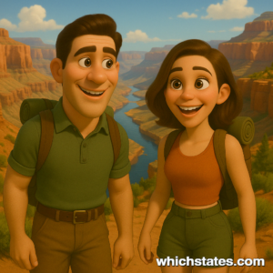 Ellis and June hiking at Grand Canyon National Park Ellis and June standing side by side in hiking gear, smiling as they admire the Grand Canyon with the Colorado River flowing in the background.