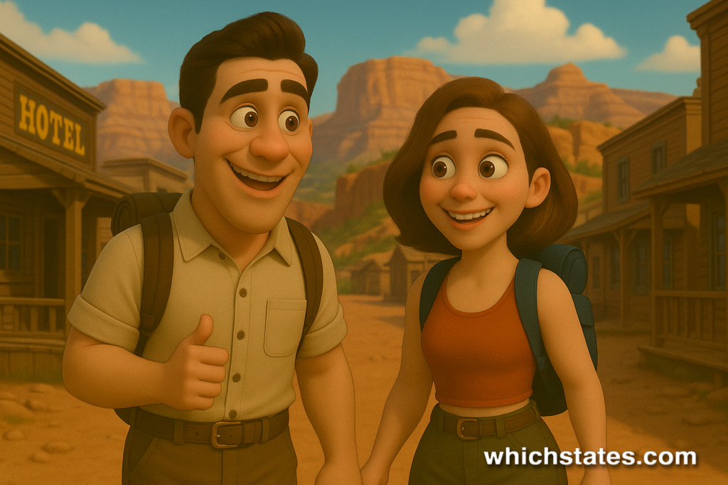 Ellis and June visiting Grand Canyon Village. Ellis and June exploring Grand Canyon Village, surrounded by rustic historic buildings and scenic canyon views in the background.