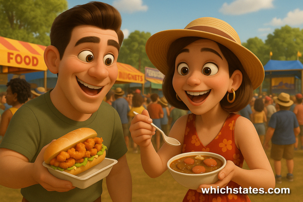 Ellis and June enjoying festival food at New Orleans Jazz Fest 2025 Ellis and June enjoying classic New Orleans festival food at Jazz Fest 2025, smiling with a shrimp po' boy and a bowl of gumbo.