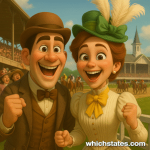 Ellis and June celebrate the 1875 Kentucky Derby in period style, capturing the excitement of early Kentucky Derby History. Ellis and June cheer at the 1875 Kentucky Derby, dressed in vintage attire — a joyful moment captured for Kentucky Derby History.