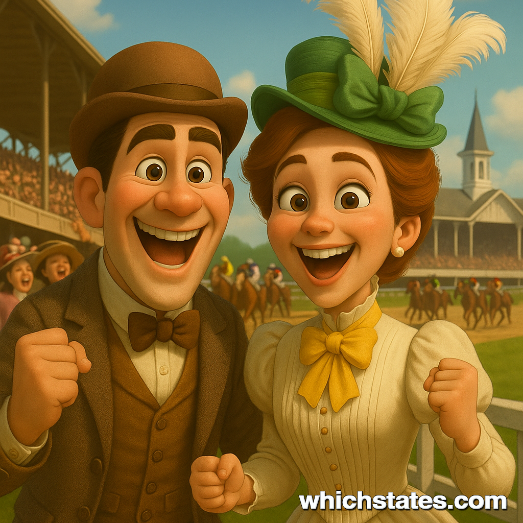 Ellis and June celebrate the 1875 Kentucky Derby in period style, capturing the excitement of early Kentucky Derby History. Ellis and June cheer at the 1875 Kentucky Derby, dressed in vintage attire — a joyful moment captured for Kentucky Derby History.