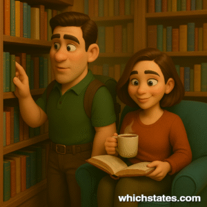 Cozy bookstore scene featuring Ellis and June enjoying books and a beverage. Ellis and June in a cozy bookstore. Ellis is browsing bookshelves, while June relaxes with a warm mug and a book in an armchair.