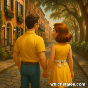 Savannah charm during Masters Week — Ellis and June stroll historic Georgia streets. Ellis and June walking hand in hand on a cobblestone street in Savannah, Georgia during Masters Week, surrounded by historic architecture and spring blossoms.