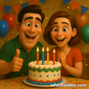 Ellis and June celebrating May state birthdays with a joyful party scene. Ellis and June celebrating May state birthdays party with cake, balloons, and festive decorations in a cheerful, scene.