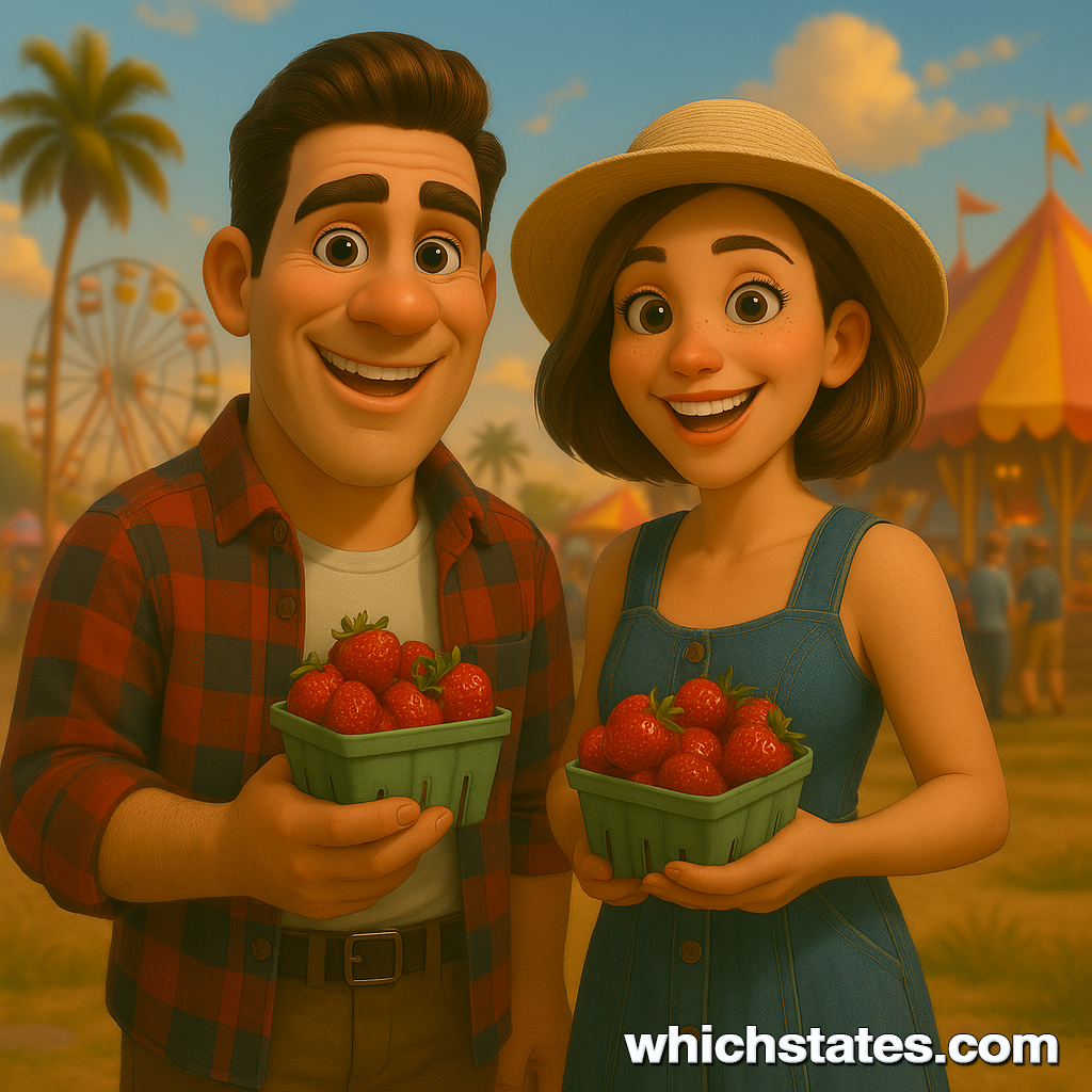 Ellis and June enjoying the 2025 Strawberry Festival in Ponchatoula, Louisiana. Ellis and June at the Ponchatoula Strawberry Festival 2025 in Louisiana, smiling with baskets of strawberries, surrounded by colorful booths and festive spring decor.