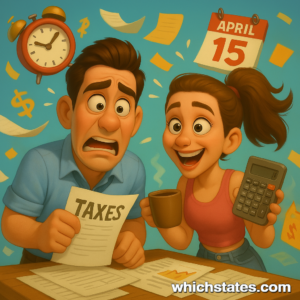 Ellis and June Tackle Tax Day Chaos with Humor and Panic. Ellis and June frantically managing Tax Day paperwork, surrounded by receipts, a calculator, and flying forms.