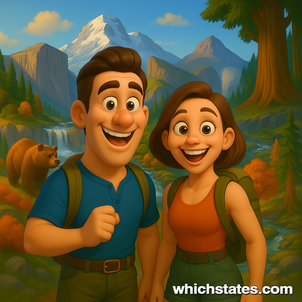 Ellis and June hiking in scenic USA national parks Ellis and June hiking through a colorful U.S. national park landscape with mountains, waterfalls, and a bear in the background.