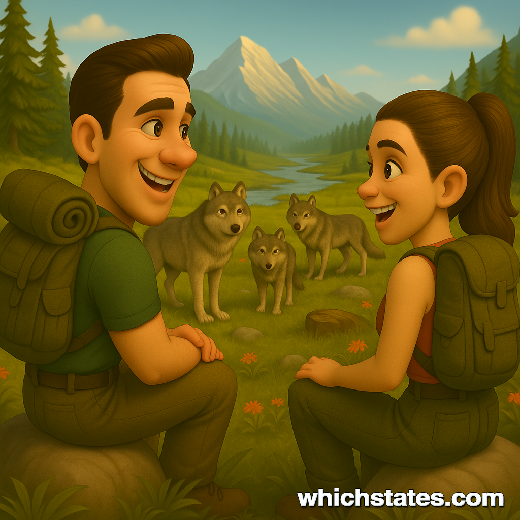 Ellis and June Observing Wolves in a Scenic National Park Ellis and June sitting on a grassy hillside in a national park, watching a pack of wolves in the distance with mountains and a river in the background.