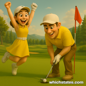 Ellis and June's triumphant putt celebration at Georgia golf course, 2025. Ellis and June celebrating after a successful putt at a Georgia golf course during the 2025 season.