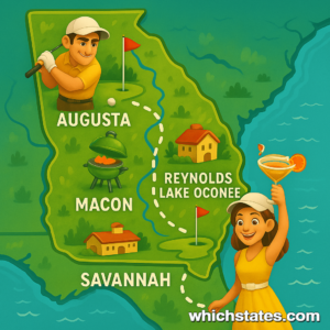 Golf Road Trip Map: Augusta, Macon, Lake Oconee, Savannah in Georgia. Map illustrating a golf road trip through Georgia, highlighting key locations including Augusta, Macon, Lake Oconee, and Savannah.