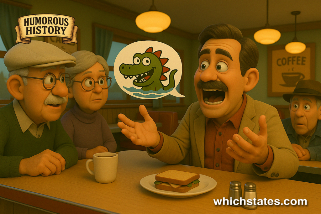 Sharing a Monster Sighting at the Diner Animated man at a diner counter passionately describing a lake monster to amused and skeptical patrons, with a cartoon monster shown in a speech bubble.