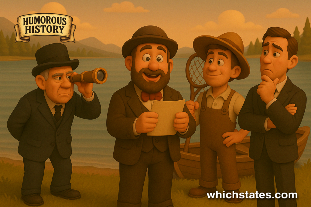 Settlers Scan Bear Lake for the Monster (1860s Hoax Scene) 1860s group preparing to hunt Bear Lake Monster, including a telescope-wielding man, a newspaper reader, and a fisherman with a net.