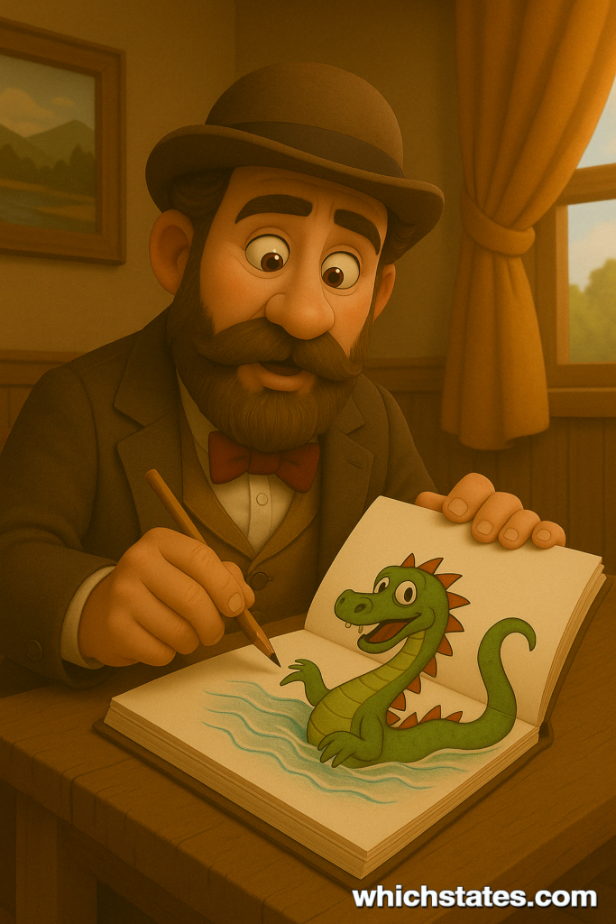 Joseph C. Rich Sketches the Bear Lake Monster – 1860s Utah Hoax Illustration of Joseph C. Rich sketching a wild drawing of the Bear Lake Monster at his writing desk in 1860s Utah.