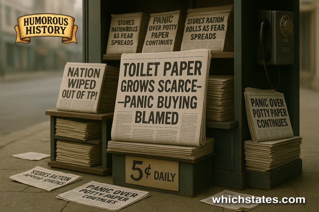 Newspapers report toilet paper panic with bold 1973 headlines at a vintage newsstand. 1970s newsstand displaying bold headlines about a toilet paper shortage and panic buying in the U.S.