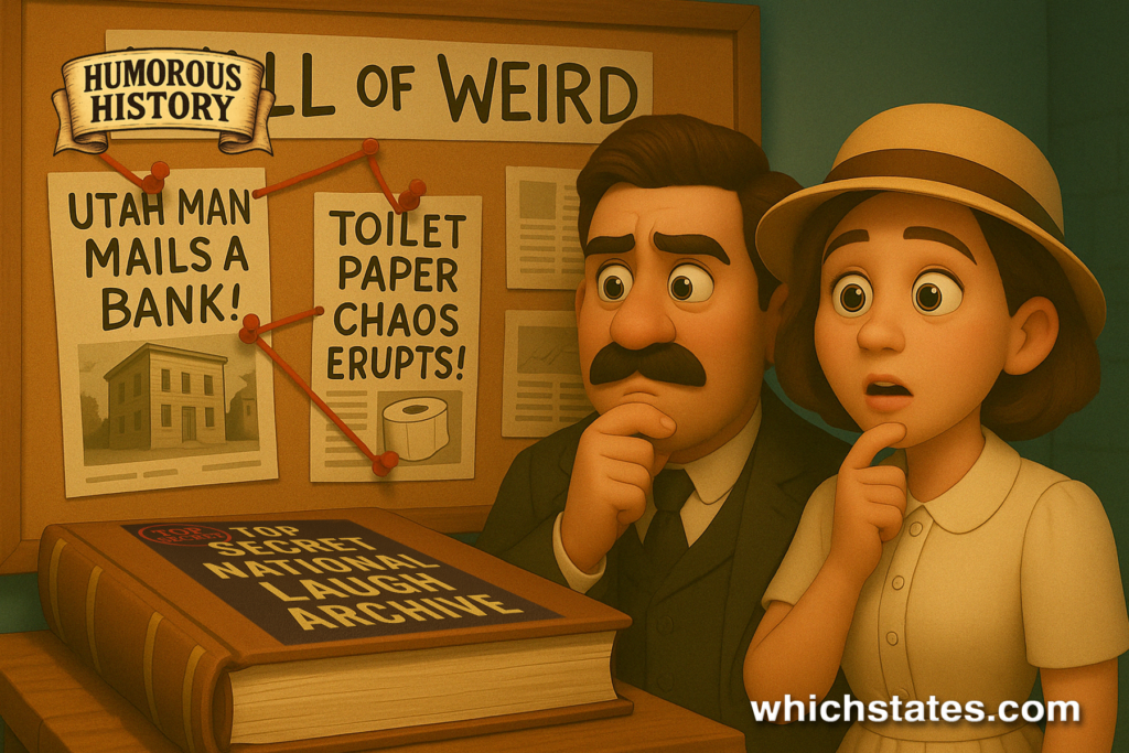 Ellis and June’s Wall of Weird – A Tribute to America’s Funniest True Stories Ellis and June standing beside a quirky “Wall of Weird” covered with clippings, photos, and string connecting absurd historical events.