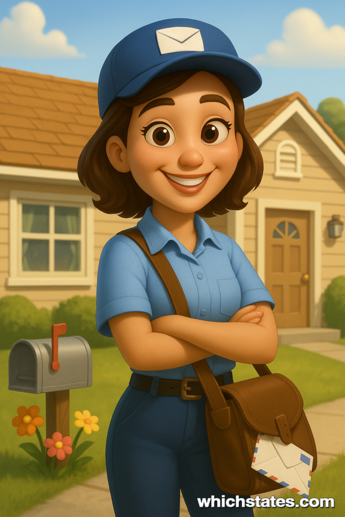 June delivering mail in a cheerful suburban neighborhood. June smiles in a classic blue mail carrier uniform, standing outside a cozy suburban home.