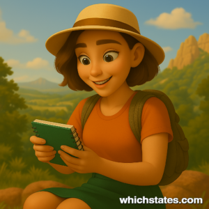 June’s Journal – California Travel Gear Hiking in the Mountains June sits on a rock in the California mountains, smiling as she looks at her travel journal, wearing a wide-brim hiking hat and backpack.