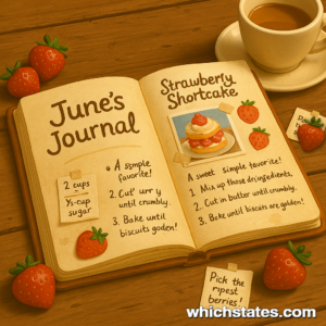 June’s Journal open to her strawberry shortcake recipe. Open page of June’s Journal featuring a scrapbook-style strawberry shortcake recipe with handwritten notes and illustrations.