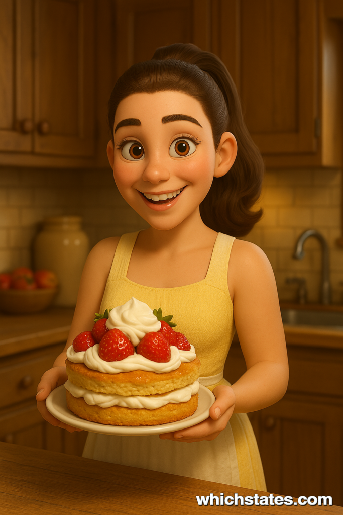 June’s Homemade Strawberry Shortcake – A Sweet Treat from June’s Journal June smiling in a rustic kitchen while proudly holding her homemade strawberry shortcake, topped with whipped cream and fresh berries.