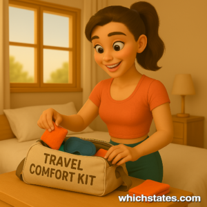 June packing her Travel Comfort Kit at home. June, smiling, packs her Travel Comfort Kit in a cozy bedroom filled with soft morning light.