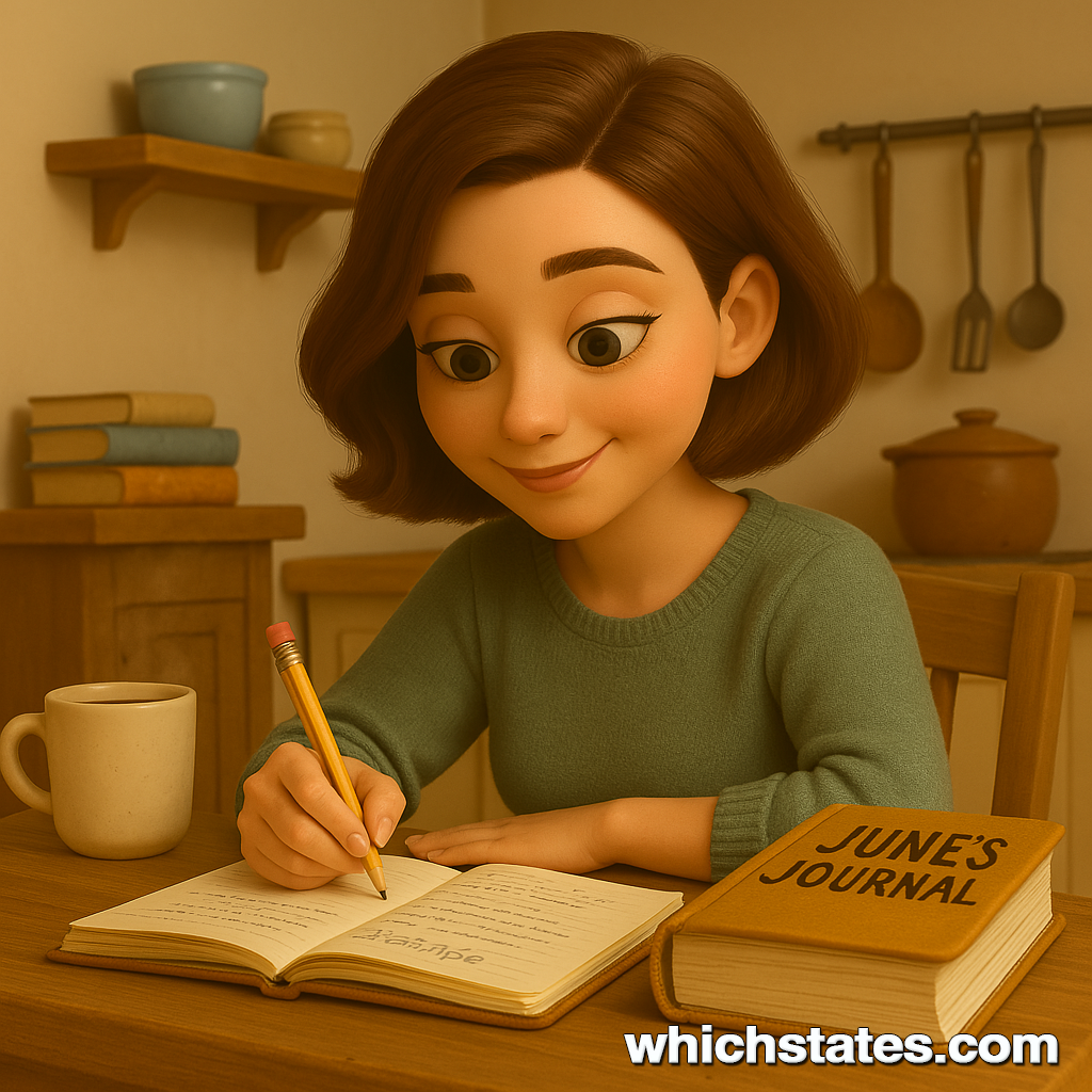 June writing passionately in her journal at home. June sits comfortably at her kitchen table, thoughtfully writing in her journal.