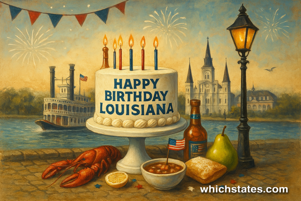 Louisiana State Birthday Celebration in April A wide illustration celebrating Louisiana’s state birthday in April, featuring a birthday cake, jazz trumpet, Mardi Gras beads, beignets, and crawfish.