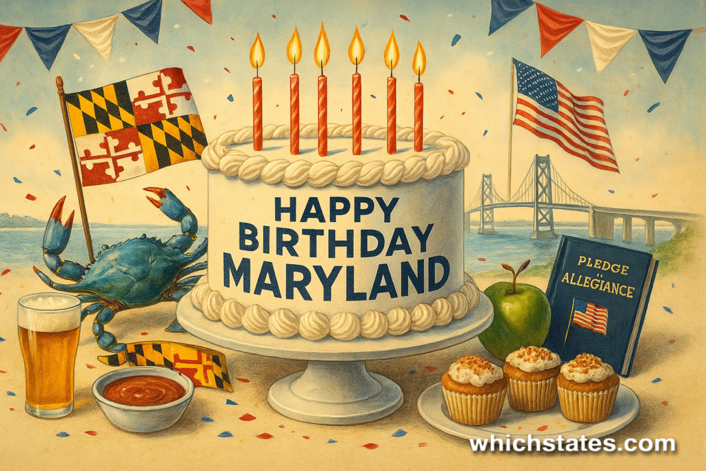 Maryland State Birthday Celebration in April A wide illustration celebrating Maryland’s state birthday in April, featuring a blue crab, lighthouse, birthday cake, and festive red, white, and blue decorations.