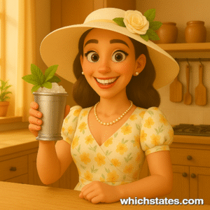 June proudly holds the result of her Mint Julep Recipe in the kitchen, ready to celebrate the Kentucky Derby. June proudly holds the result of her Mint Julep Recipe in the kitchen, wearing a floral dress and a large white hat, ready to celebrate the Kentucky Derby.