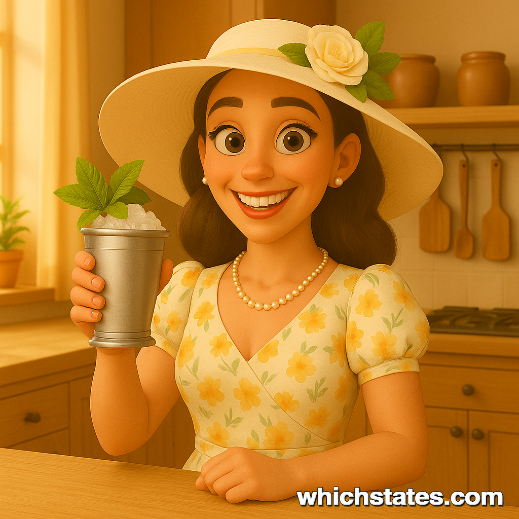 June proudly holds the result of her Mint Julep Recipe in the kitchen, ready to celebrate the Kentucky Derby. June proudly holds the result of her Mint Julep Recipe in the kitchen, wearing a floral dress and a large white hat, ready to celebrate the Kentucky Derby.