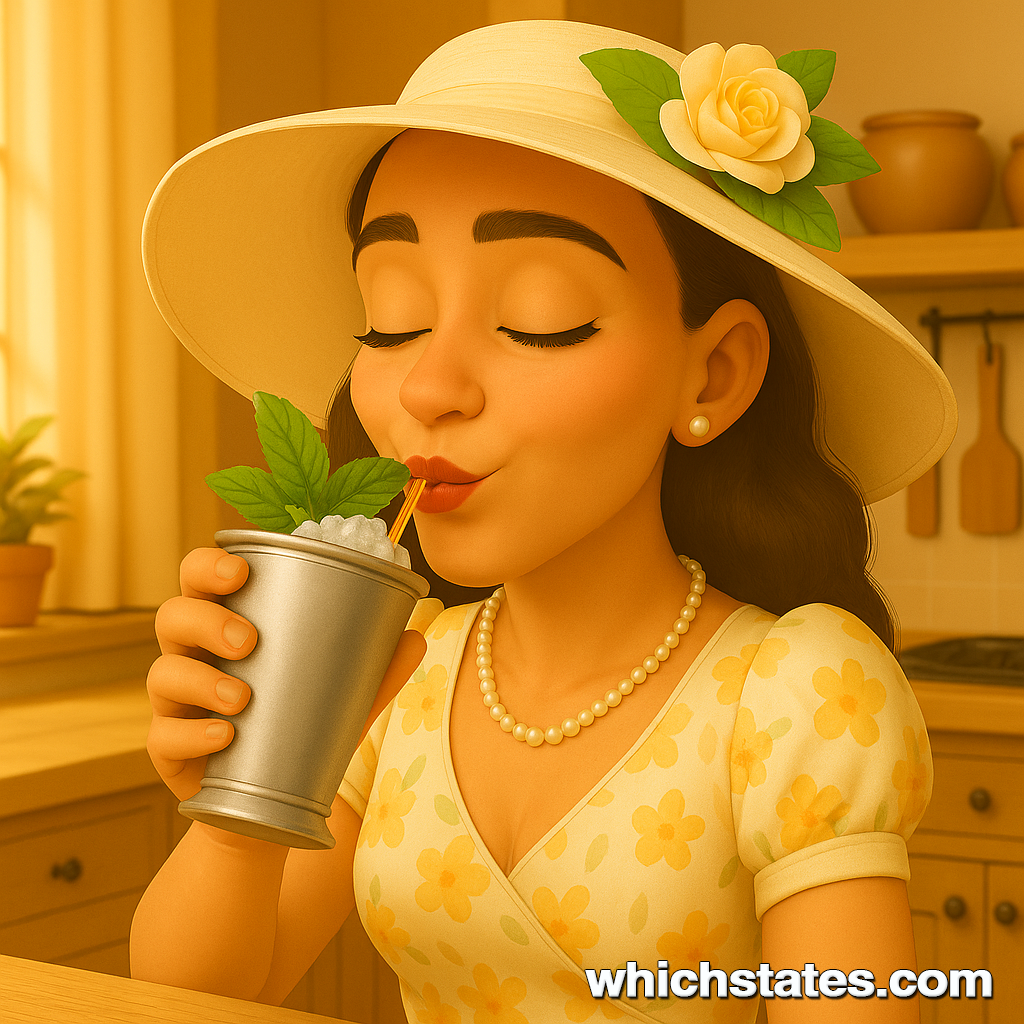 June savoring a Mint Julep Recipe in her kitchen, ready to celebrate June enjoys a refreshing sip of her Mint Julep Recipe, smiling with a happy expression while wearing a floral dress and a large white hat in a cozy kitchen setting.