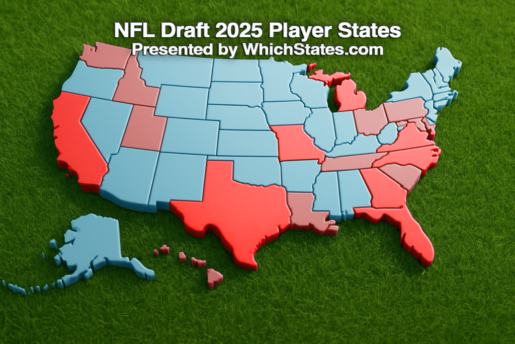 NFL Draft 2025 U.S. Map on Football Field with Grass NFL Draft 2025 map of the United States resting on green football field grass, viewed from above, featuring all 50 states, highlighting birth states of players.