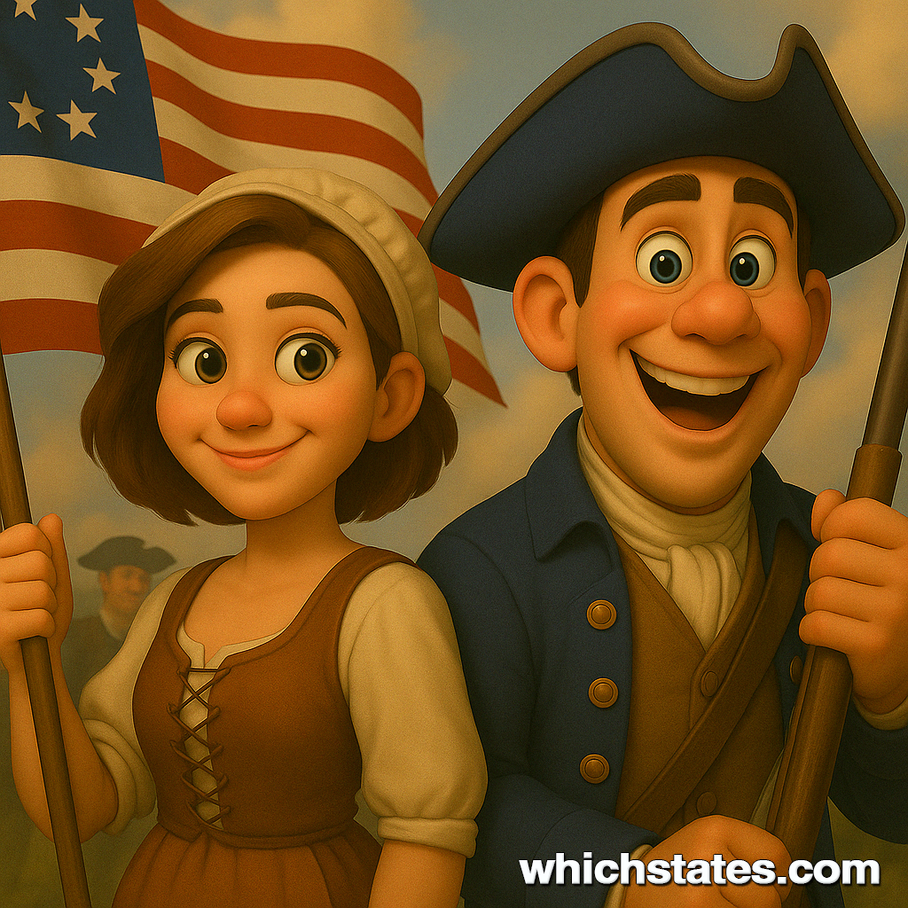 Ellis and June Attend a Patriots’ Day Reenactment Ellis and June watching a Revolutionary War reenactment during Patriots’ Day, with amazed expressions and historical soldiers in the background.