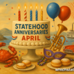 A festive, 3D-style painting celebrates the April statehood anniversaries of Maryland and Louisiana, featuring a birthday cake, blue crab, trumpet, and patriotic decor.