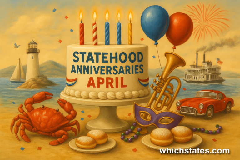 A festive, 3D-style painting celebrates the April statehood anniversaries of Maryland and Louisiana, featuring a birthday cake, blue crab, trumpet, and patriotic decor.