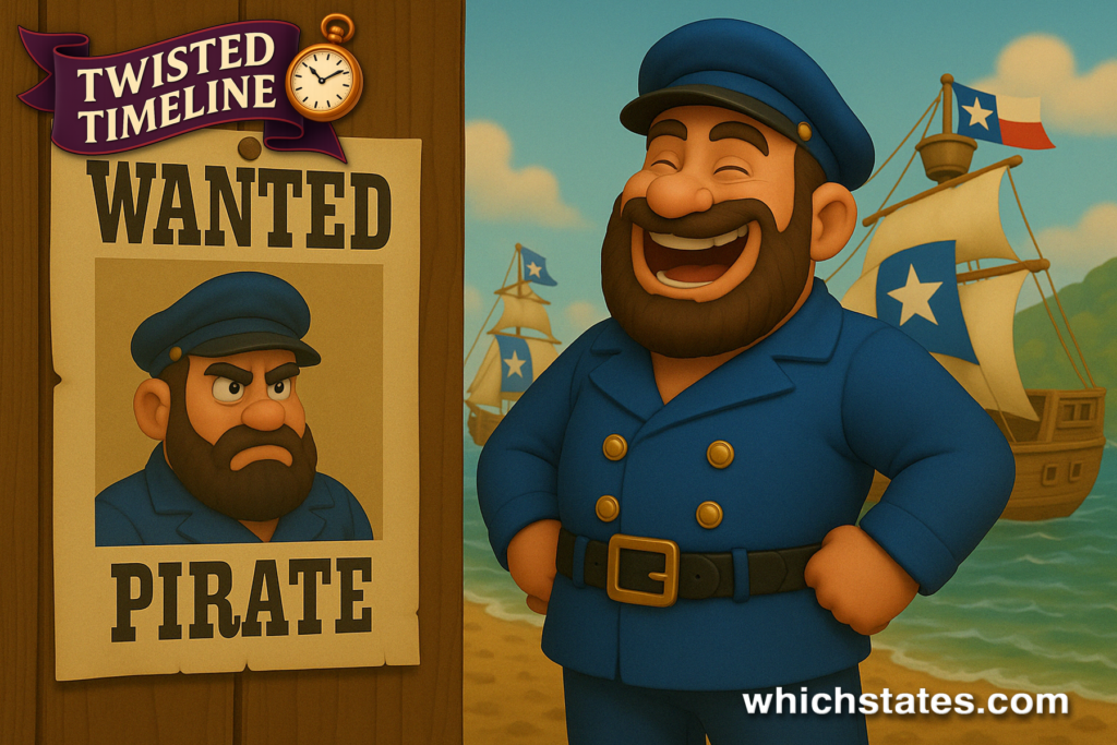 Commodore Moore laughs at his own wanted poster A cartoonish Commodore Moore stands confidently with his fists on his hips, laughing beside a “WANTED PIRATE” poster that clearly shows his own face. A Texas Navy History ship flies the flag in the background.