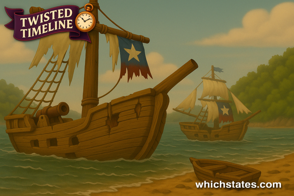 Rotting Texas Navy ship abandoned after independence war. A cartoonish wooden Texas Navy History ship from the 1830s sits abandoned and half-sunken in a shallow bay, with tattered sails, rusted cannons, and a faded Texas flag under a warm sky.