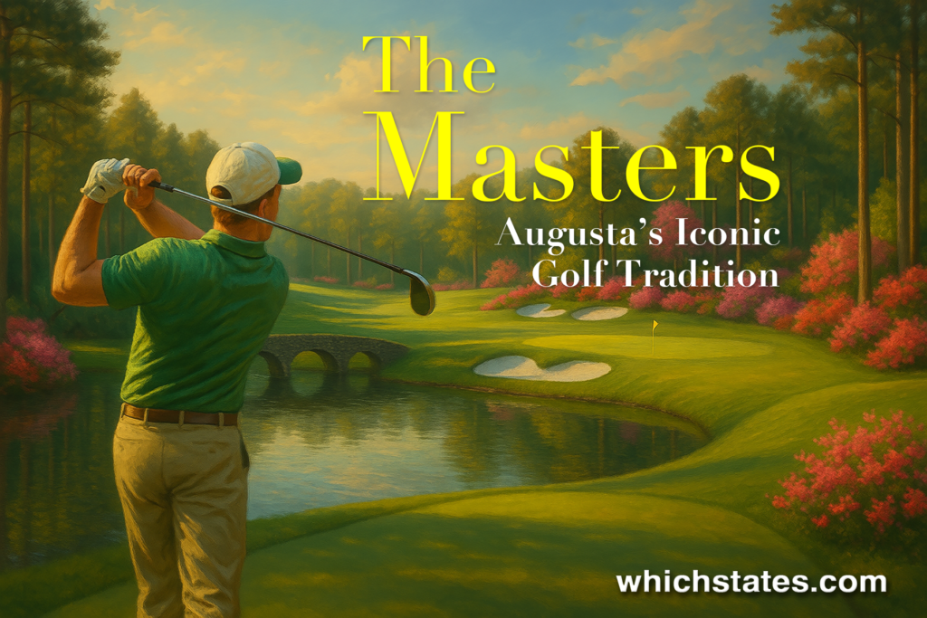 Artistic painting of Augusta National’s Amen Corner during The Masters in Augusta, Georgia, with lush greens, flowering trees, and a quiet golf scene.
