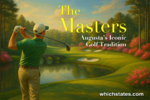 Artistic painting of Augusta National’s Amen Corner during The Masters in Augusta, Georgia, with lush greens, flowering trees, and a quiet golf scene.
