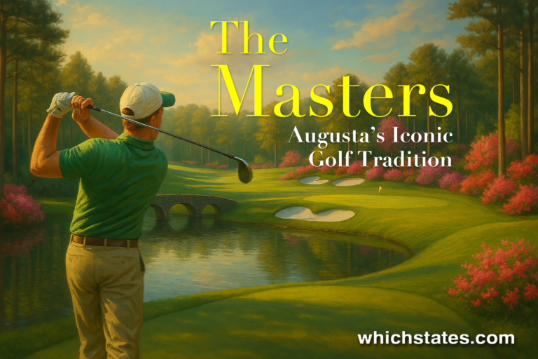 Artistic painting of Augusta National’s Amen Corner during The Masters in Augusta, Georgia, with lush greens, flowering trees, and a quiet golf scene.